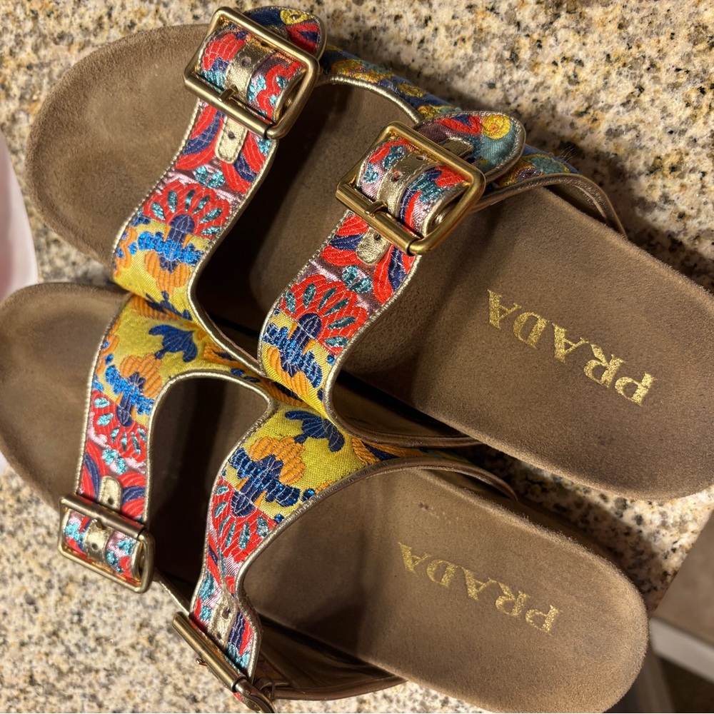 Prada Multicolor Floral Sandals with Gold Buckles - Picture 2 of 3